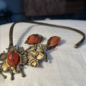 Brutalist carnelian necklace earrings set
